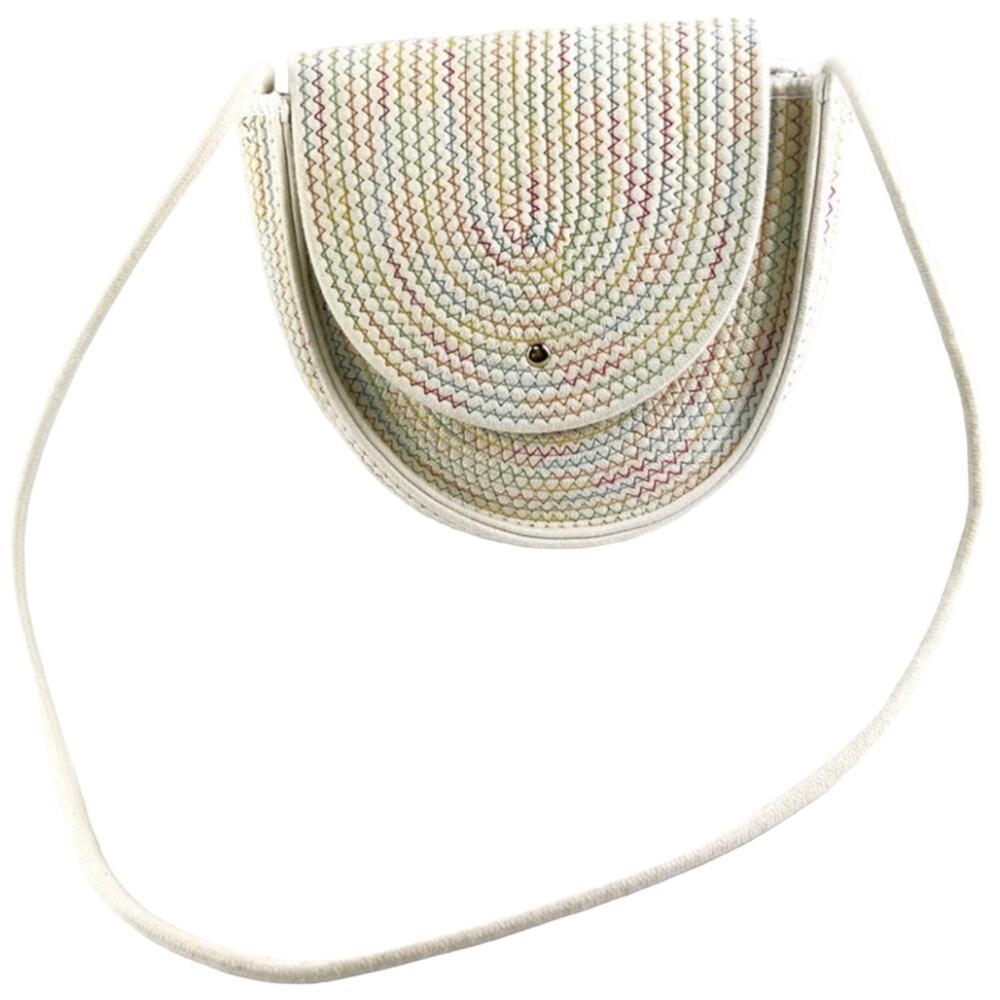 Vintage 1970s Rainbow Woven rope Crossbody Bag Half Moon Boho Purse
